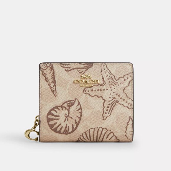 NWT Coach CBO72 Snap Wallet In Signature Canvas With Shell Print In Sand Multi - Picture 1 of 6